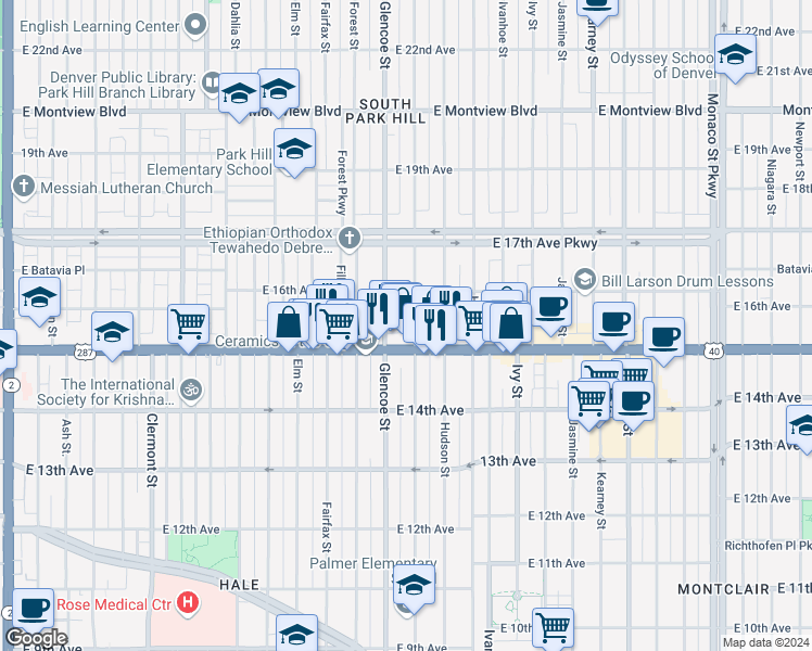 map of restaurants, bars, coffee shops, grocery stores, and more near 1521 Grape Street in Denver