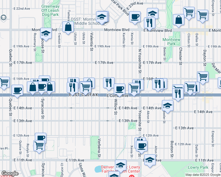 map of restaurants, bars, coffee shops, grocery stores, and more near 1524 Wabash Street in Denver