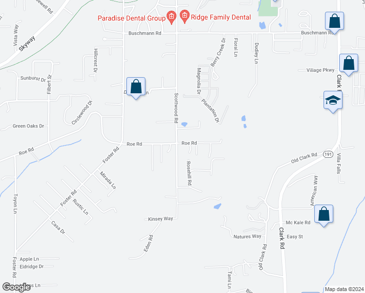 map of restaurants, bars, coffee shops, grocery stores, and more near 762 Roe Road in Paradise