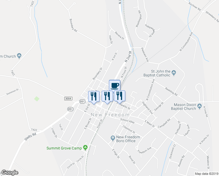 map of restaurants, bars, coffee shops, grocery stores, and more near 100 West Penn Street in New Freedom