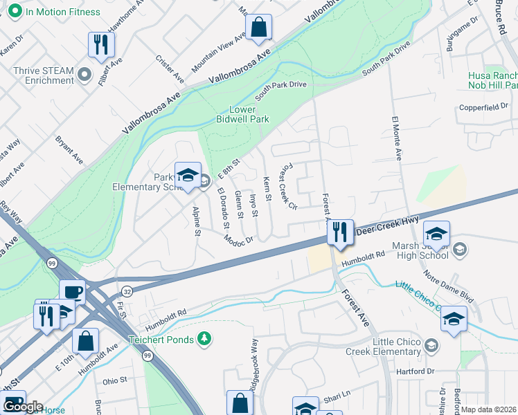 map of restaurants, bars, coffee shops, grocery stores, and more near 865 Kern Street in Chico