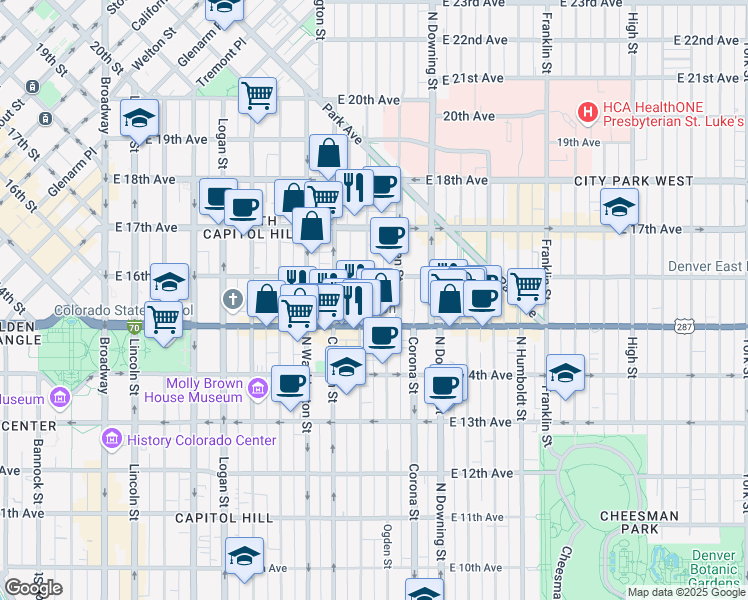 map of restaurants, bars, coffee shops, grocery stores, and more near 1554 Emerson Street in Denver