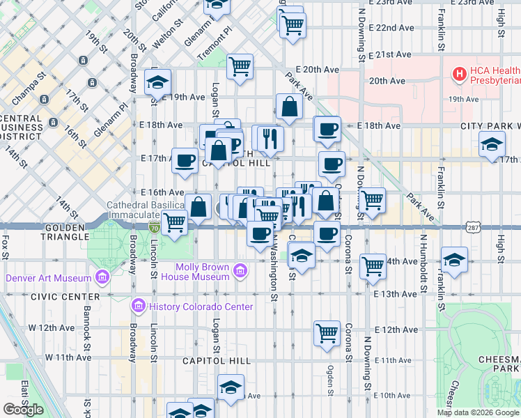 map of restaurants, bars, coffee shops, grocery stores, and more near 1555 North Washington Street in Denver