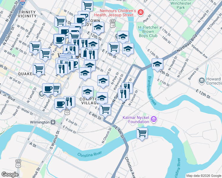 map of restaurants, bars, coffee shops, grocery stores, and more near 800 North Pine Street in Wilmington
