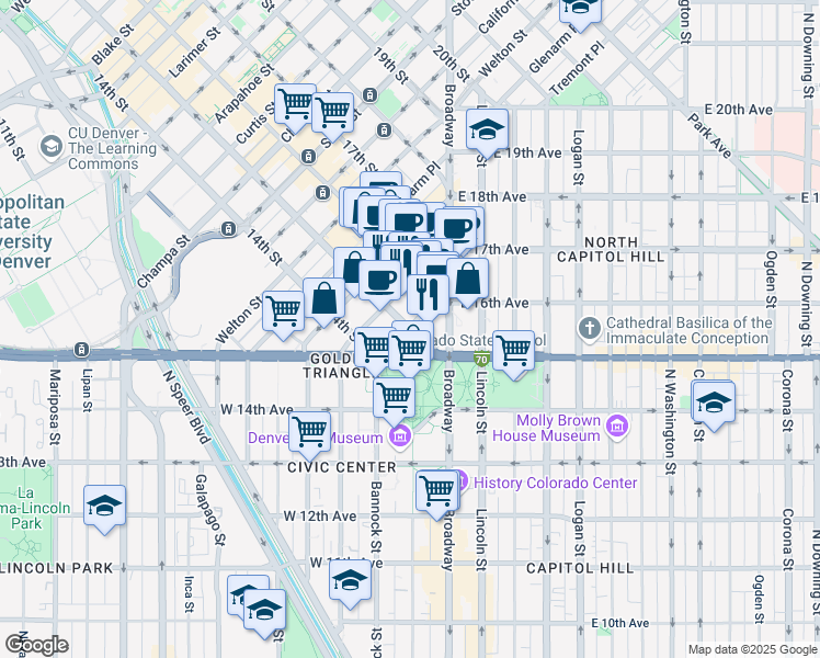 map of restaurants, bars, coffee shops, grocery stores, and more near 1445 Cleveland Place in Denver