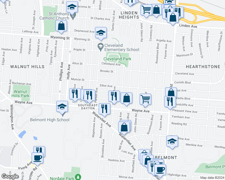 map of restaurants, bars, coffee shops, grocery stores, and more near 1813 Brookline Avenue in Dayton