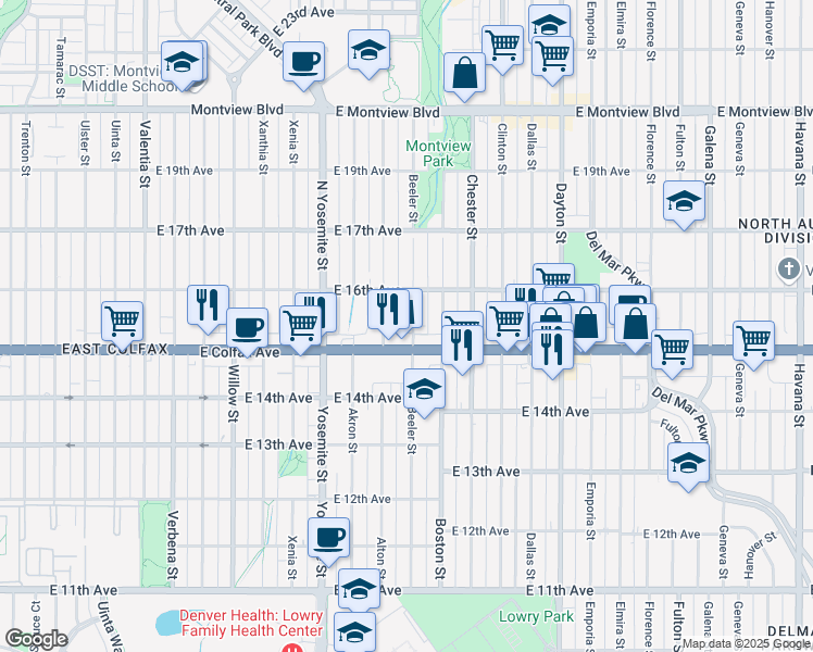 map of restaurants, bars, coffee shops, grocery stores, and more near 1517 Beeler Street in Aurora