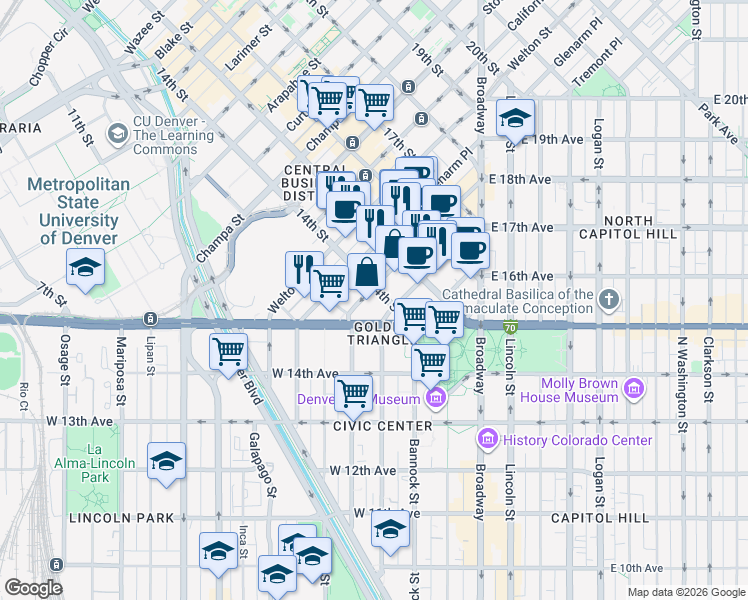 map of restaurants, bars, coffee shops, grocery stores, and more near 414 14th Avenue in Denver