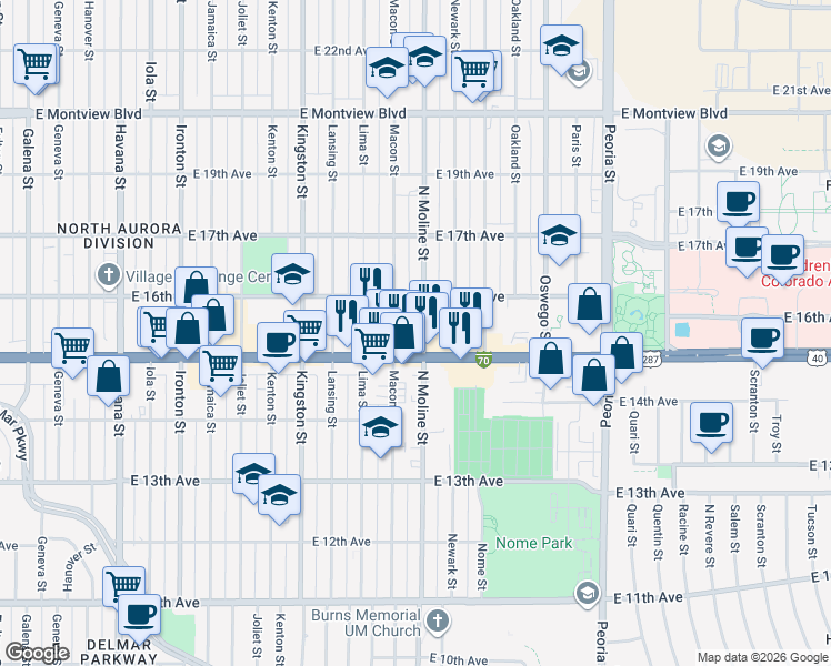 map of restaurants, bars, coffee shops, grocery stores, and more near 1545 Moline Street in Aurora