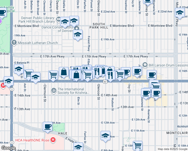 map of restaurants, bars, coffee shops, grocery stores, and more near 1534 Forest Street in Denver