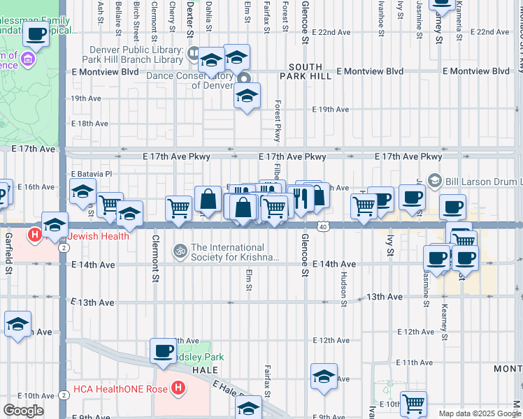 map of restaurants, bars, coffee shops, grocery stores, and more near 1535 Filbert Court in Denver
