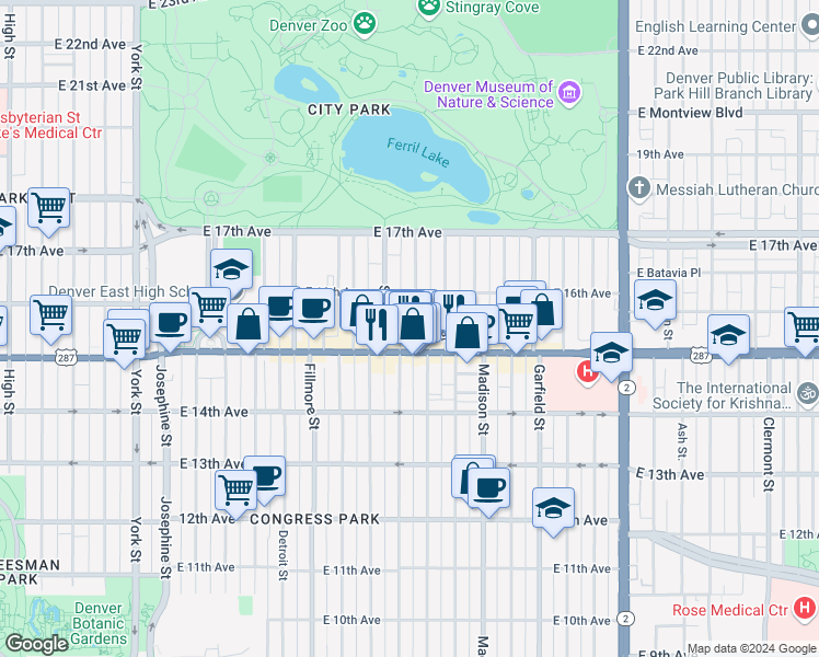 map of restaurants, bars, coffee shops, grocery stores, and more near 1541 Adams Street in Denver