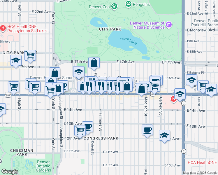 map of restaurants, bars, coffee shops, grocery stores, and more near 1550 Milwaukee Street in Denver