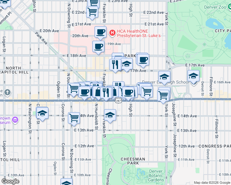 map of restaurants, bars, coffee shops, grocery stores, and more near in Denver