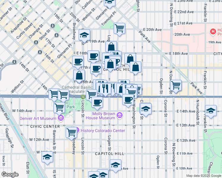 map of restaurants, bars, coffee shops, grocery stores, and more near in Denver