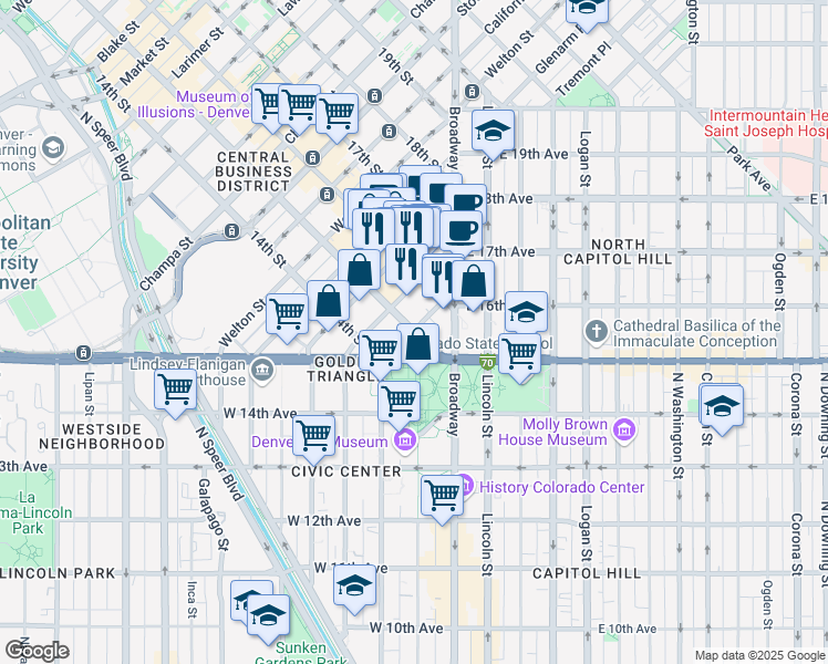 map of restaurants, bars, coffee shops, grocery stores, and more near 1550 Court Place in Denver