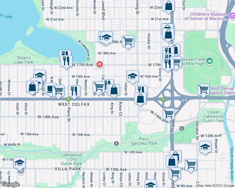 map of restaurants, bars, coffee shops, grocery stores, and more near 1532 King Street in Denver