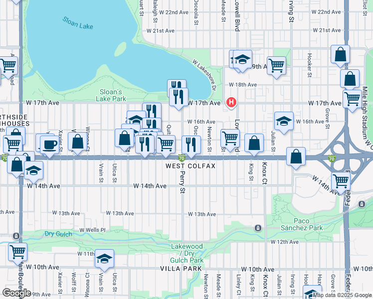 map of restaurants, bars, coffee shops, grocery stores, and more near in Denver