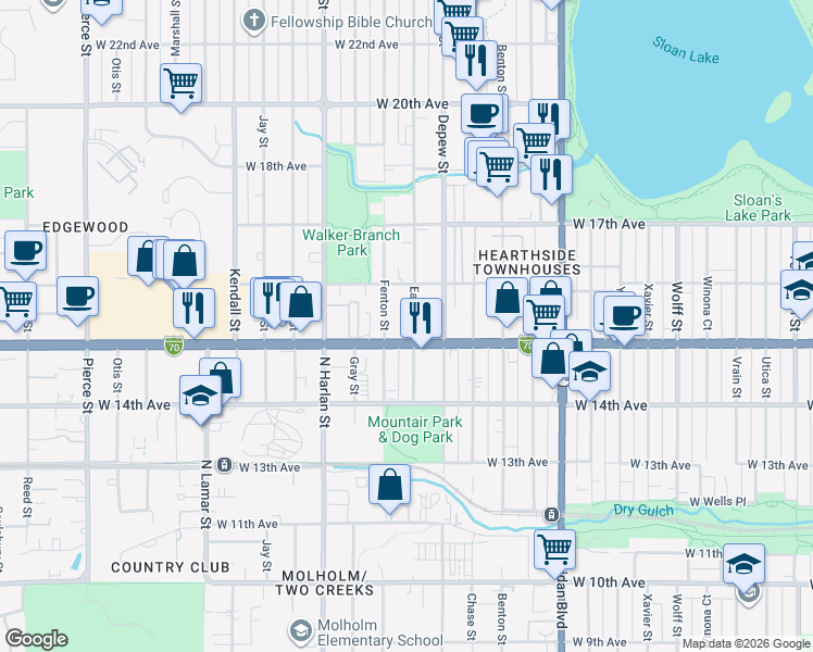 map of restaurants, bars, coffee shops, grocery stores, and more near 5799 West Colfax Avenue in Lakewood