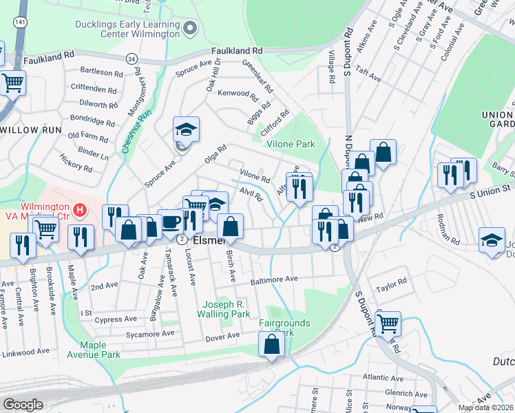 map of restaurants, bars, coffee shops, grocery stores, and more near 10 Gamble Avenue in Wilmington
