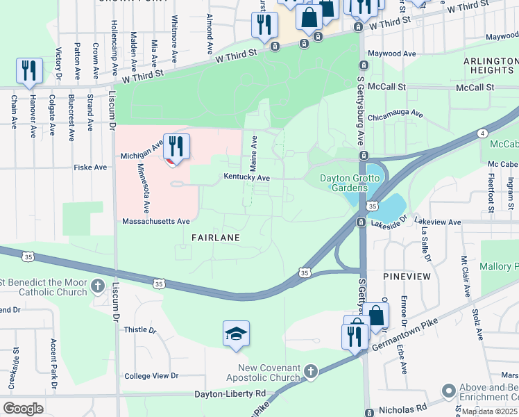 map of restaurants, bars, coffee shops, grocery stores, and more near Iowa Avenue in Dayton