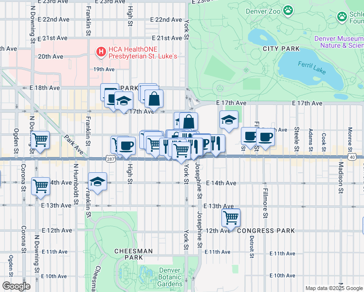 map of restaurants, bars, coffee shops, grocery stores, and more near 1535 York Street in Denver