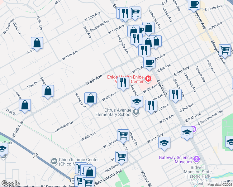 map of restaurants, bars, coffee shops, grocery stores, and more near 432 West 6th Avenue in Chico