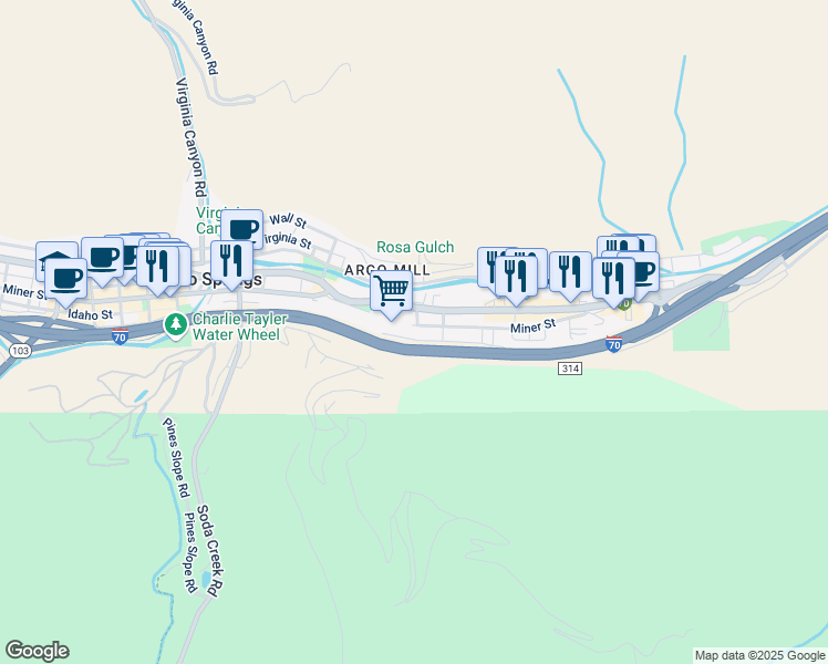 map of restaurants, bars, coffee shops, grocery stores, and more near 2433 Miner Street in Idaho Springs