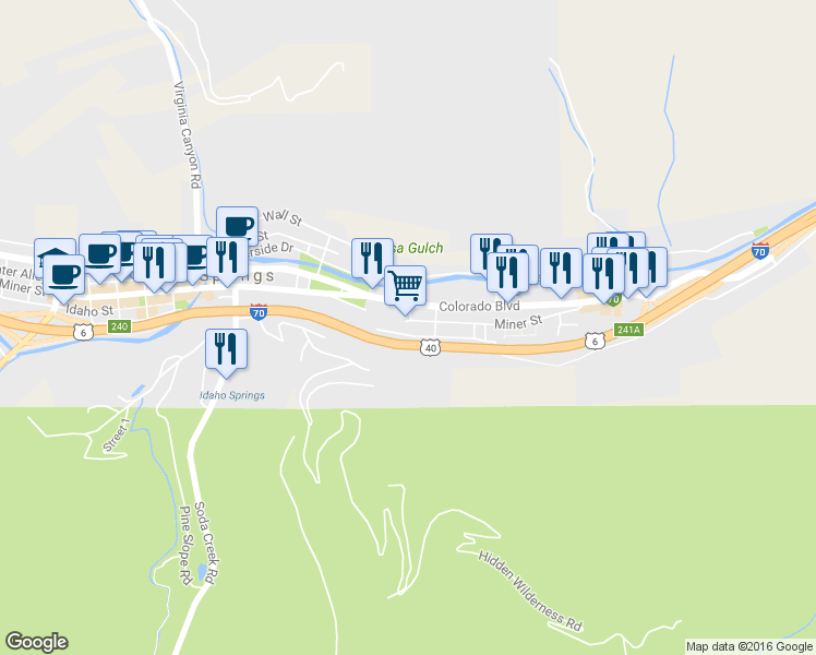 map of restaurants, bars, coffee shops, grocery stores, and more near 2433 Miner Street in Idaho Springs