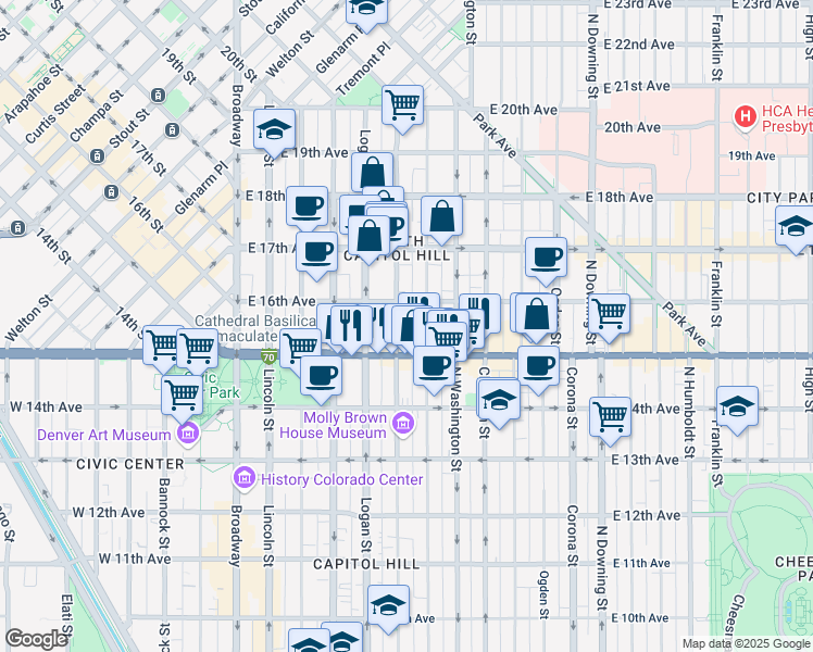 map of restaurants, bars, coffee shops, grocery stores, and more near 1550 Pennsylvania Street in Denver
