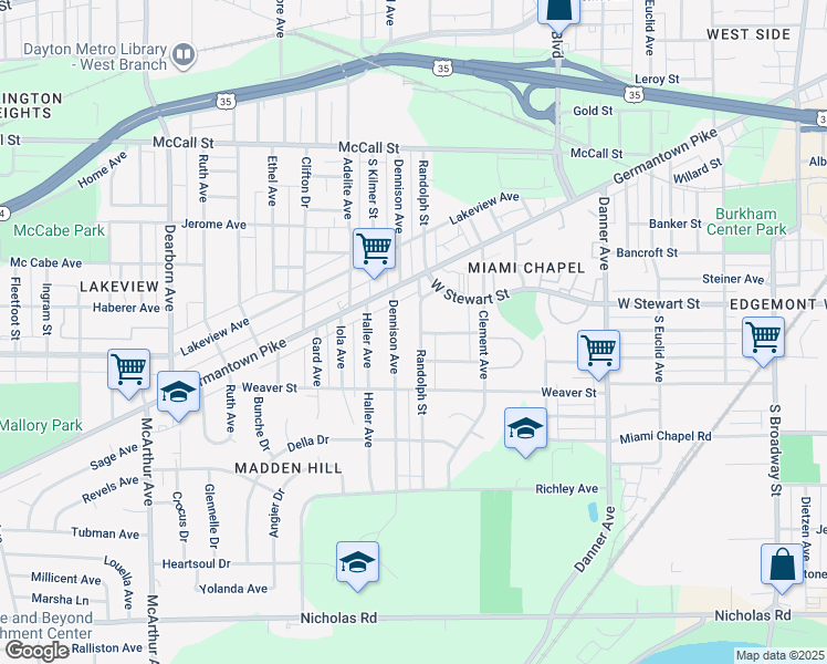 map of restaurants, bars, coffee shops, grocery stores, and more near 851 Randolph St in Dayton