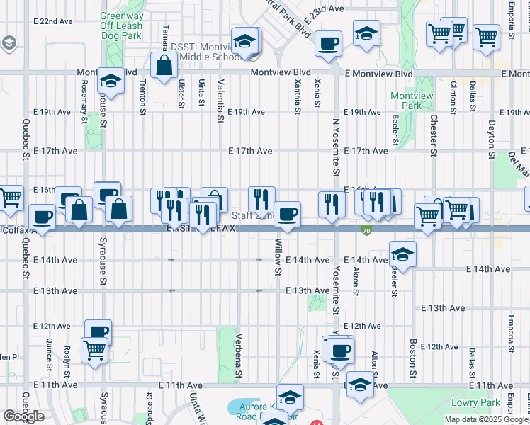 map of restaurants, bars, coffee shops, grocery stores, and more near 1524 Wabash Street in Denver