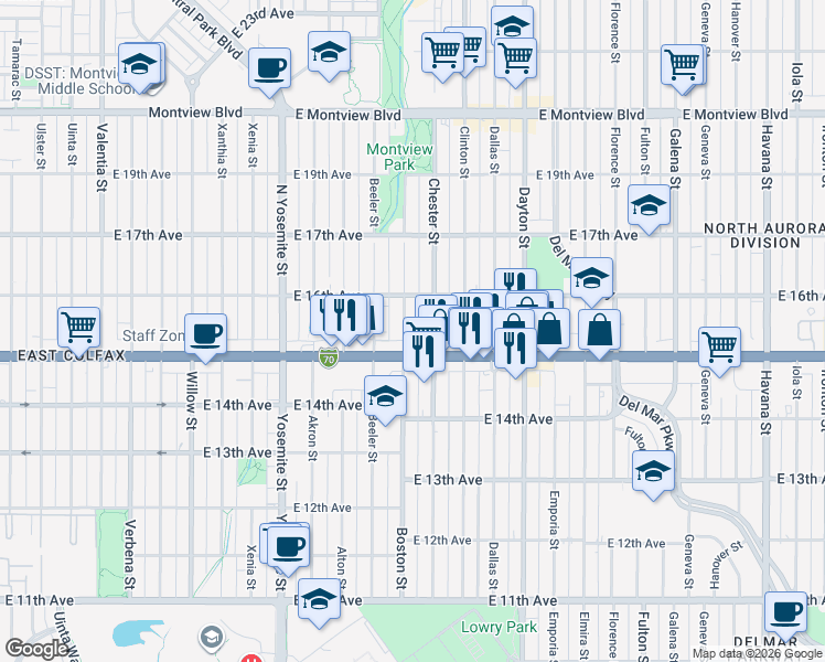 map of restaurants, bars, coffee shops, grocery stores, and more near 1533 Boston Street in Aurora
