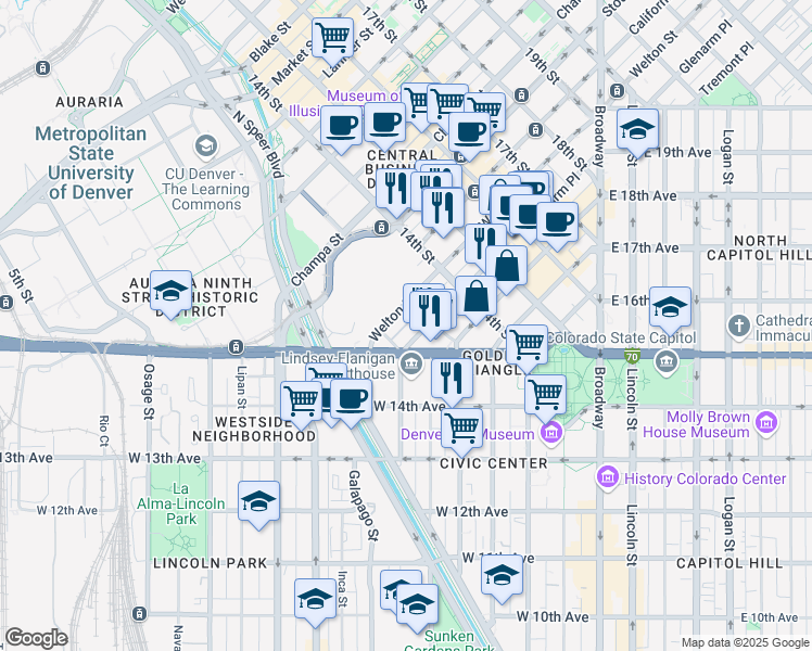 map of restaurants, bars, coffee shops, grocery stores, and more near 1250 Welton Street in Denver