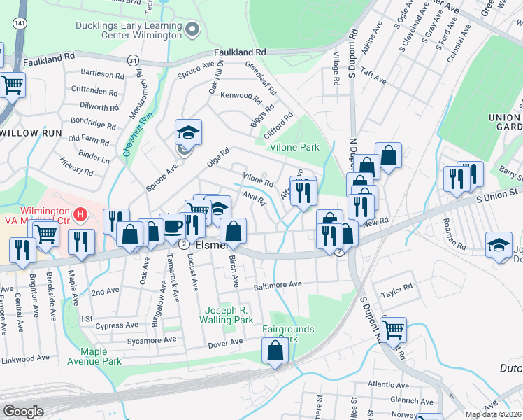 map of restaurants, bars, coffee shops, grocery stores, and more near 10 Gamble Avenue in Wilmington