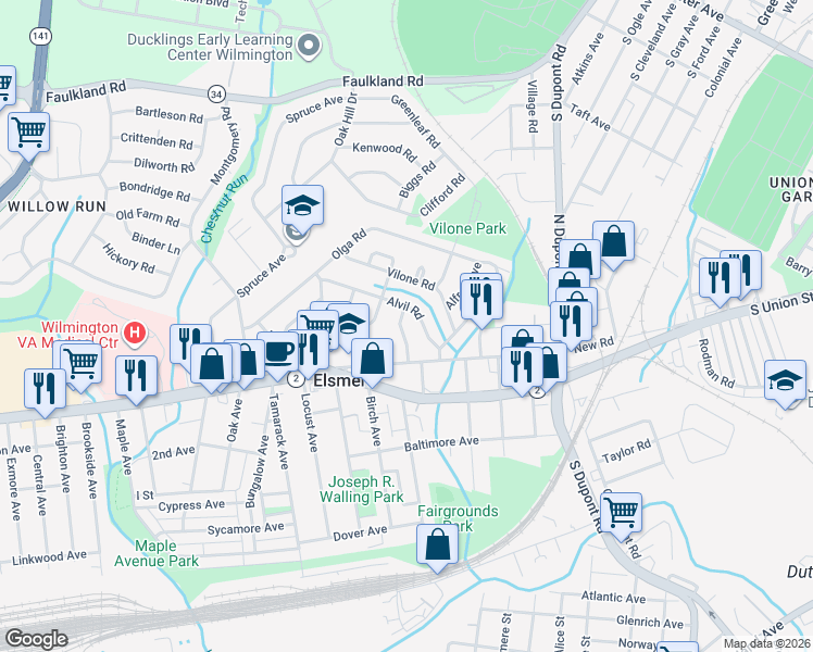 map of restaurants, bars, coffee shops, grocery stores, and more near 10 Gamble Avenue in Wilmington