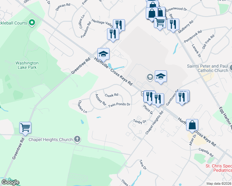 map of restaurants, bars, coffee shops, grocery stores, and more near 15 Creek Road in Washington Township
