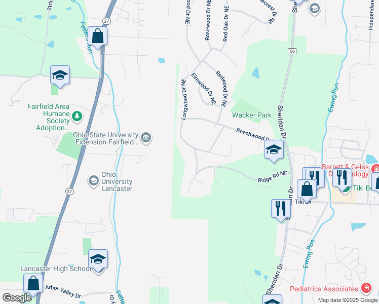 map of restaurants, bars, coffee shops, grocery stores, and more near 1175 Longwood Drive Northeast in Lancaster