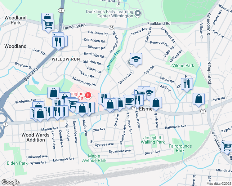 map of restaurants, bars, coffee shops, grocery stores, and more near 11 Poplar Avenue in Wilmington
