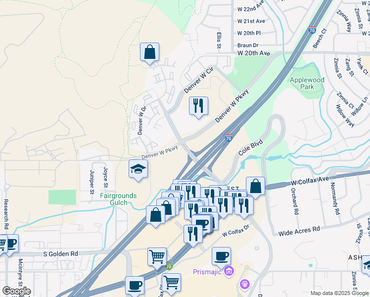 map of restaurants, bars, coffee shops, grocery stores, and more near 1717 Denver West Marriott Boulevard in Lakewood