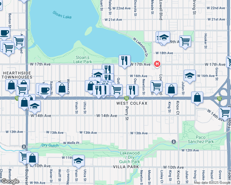 map of restaurants, bars, coffee shops, grocery stores, and more near 1524 Quitman Street in Denver
