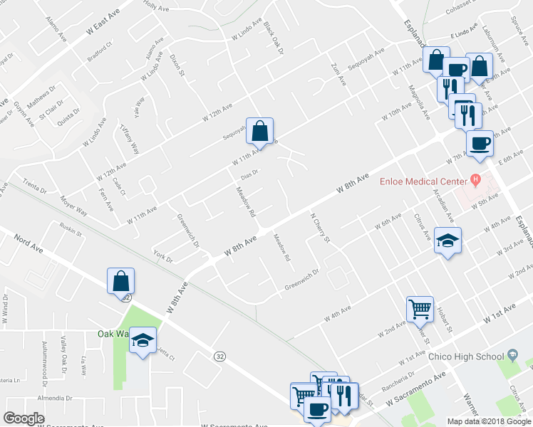 map of restaurants, bars, coffee shops, grocery stores, and more near 839 Rush Court in Chico