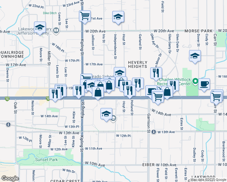 map of restaurants, bars, coffee shops, grocery stores, and more near 9605 Interstate 70 Business Loop in Lakewood