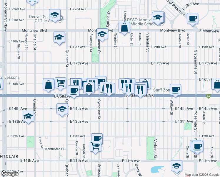 map of restaurants, bars, coffee shops, grocery stores, and more near 1537 Trenton Street in Denver