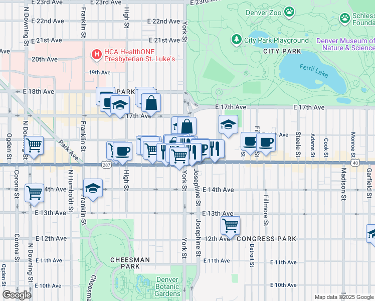 map of restaurants, bars, coffee shops, grocery stores, and more near 1544 York Street in Denver