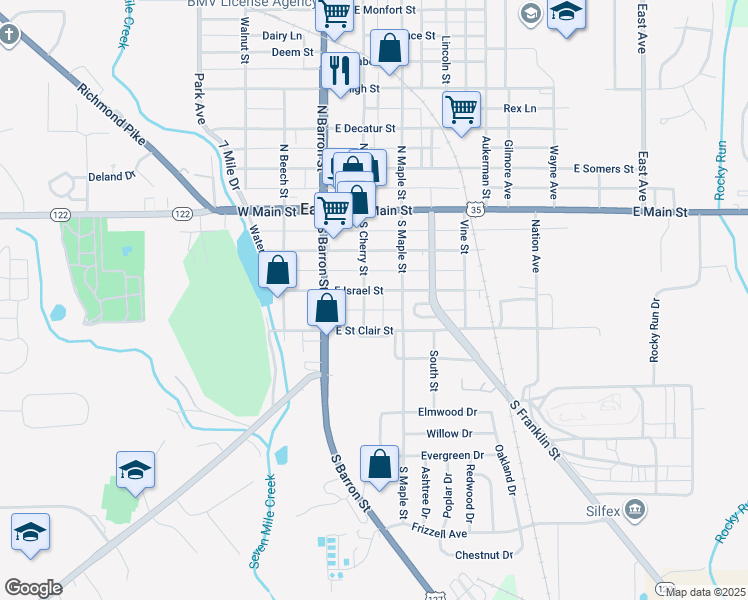 map of restaurants, bars, coffee shops, grocery stores, and more near 306 South Cherry Street in Eaton