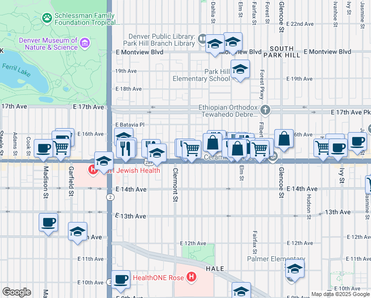 map of restaurants, bars, coffee shops, grocery stores, and more near 1539 Cherry Street in Denver