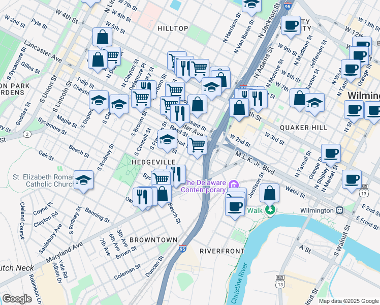 map of restaurants, bars, coffee shops, grocery stores, and more near 201 Porter Street in Wilmington