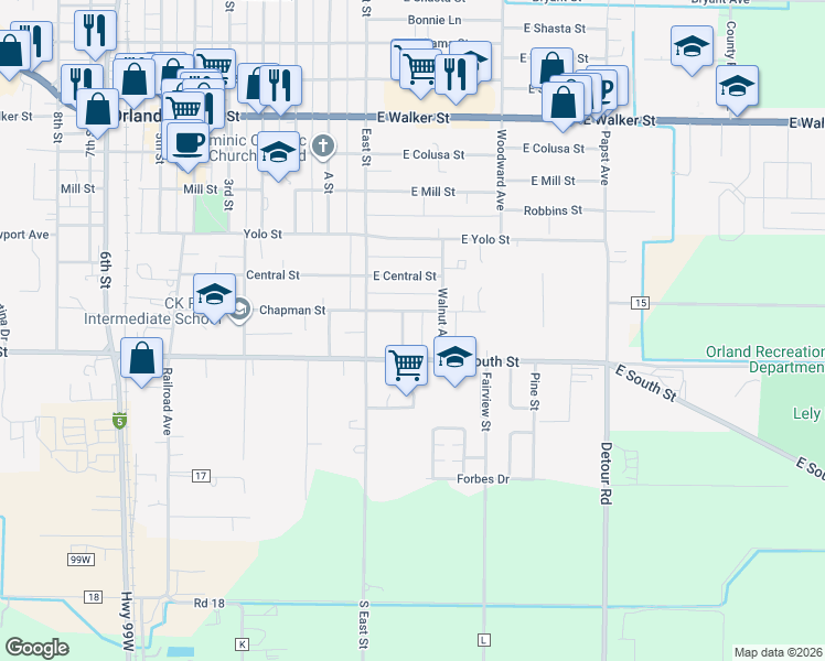 map of restaurants, bars, coffee shops, grocery stores, and more near 1215 Walters Street in Orland