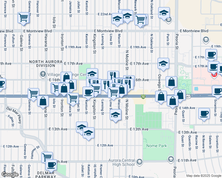 map of restaurants, bars, coffee shops, grocery stores, and more near Lima Street in Aurora
